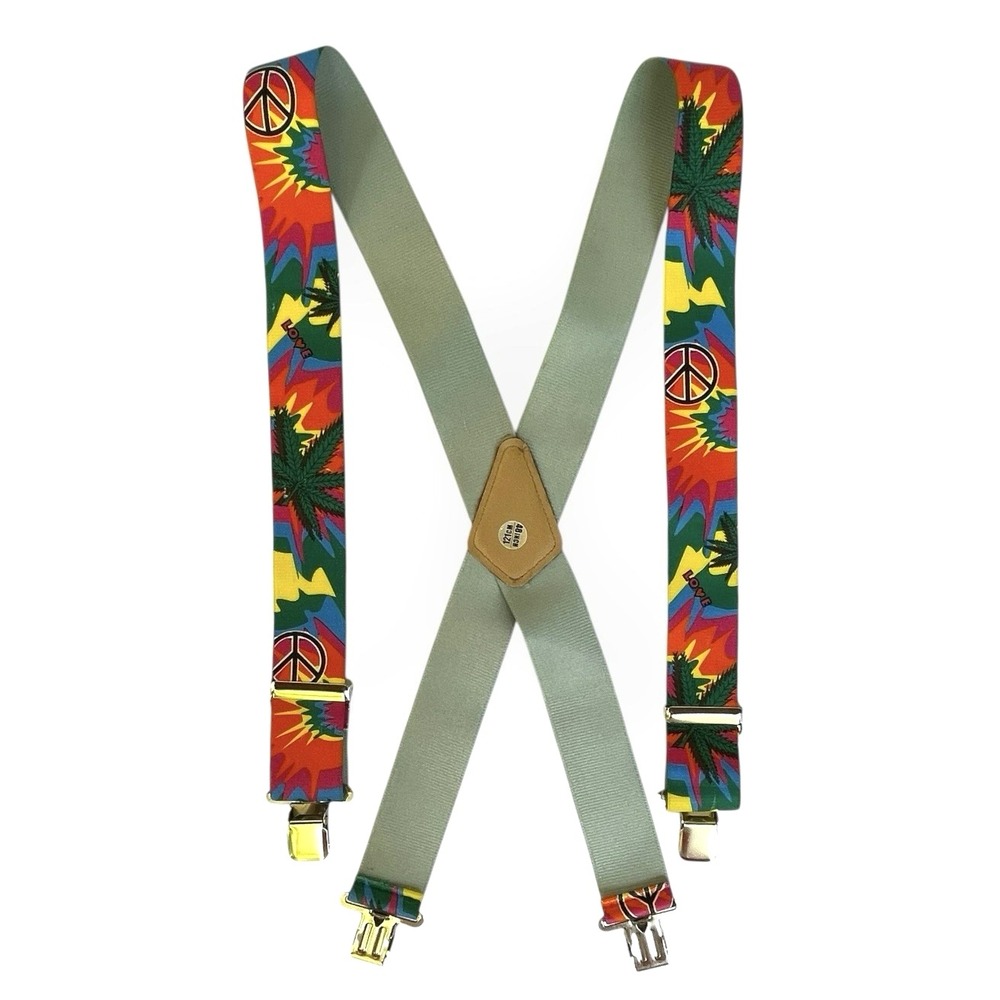 Yankee Forge Novelty Marijuana Leaf‎ Peace Sign Suspenders 48" Whimsical Rainbow